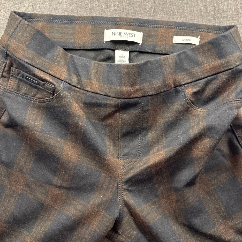 Nine West Jeans Womens Brown Black Plaid Skinny Pull On Leggings Size S